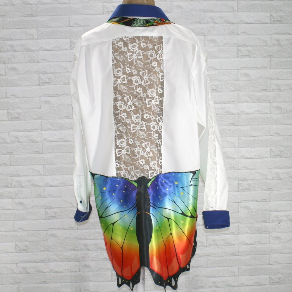 HAND CRAFTED Upcycled Shirt Shacket White Lace Swim Cover Butterfly Parrot Tie